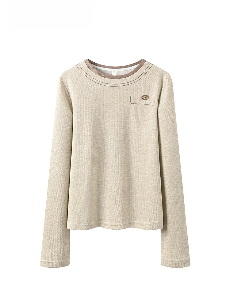 

Свободная женская футболка с длинным рукавом и круглым вырезом, больших размеров, весенняя новинка, модный топ, трендовая имитация двухслойности, повседневное вязаное платье