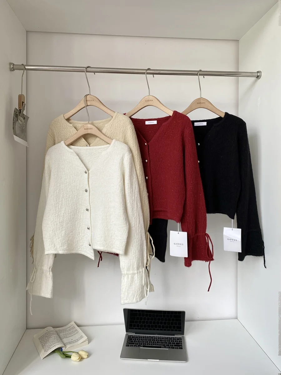 V-Neck Single Button Bell Sleeve Knitted Sweater Women's Autumn Winter Slimming Top Fashionable Commute Style Long Sleeve view 2
