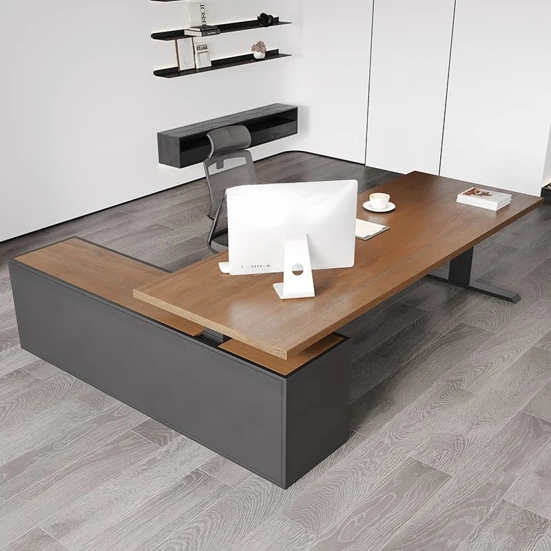 

office electric liftable solid wood boss table high-end class table with side cabinet president table