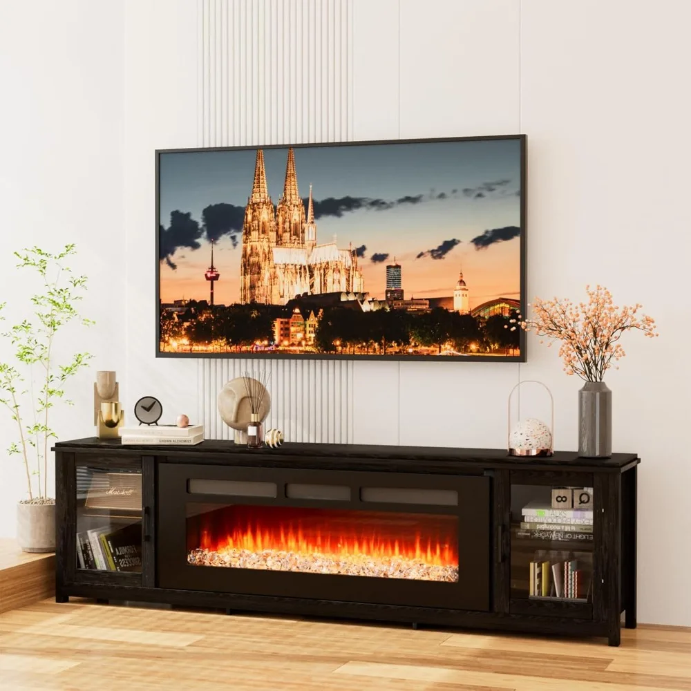 

80'' Modern Electric Fireplace TV Stand, Entertainment Center with 50" Electric Fireplace, Wood Media Console Cabinet for TVs up