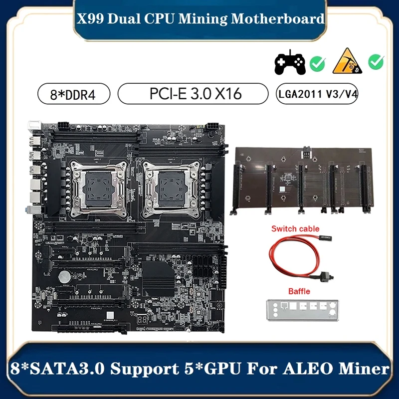 

X99 Dual Motherboard +Switch Cable+Baffle LGA2011 V3/V4 8XDDR4 RAM Slot PCIE 16X 8XSATA3.0 Supports 5 GPU