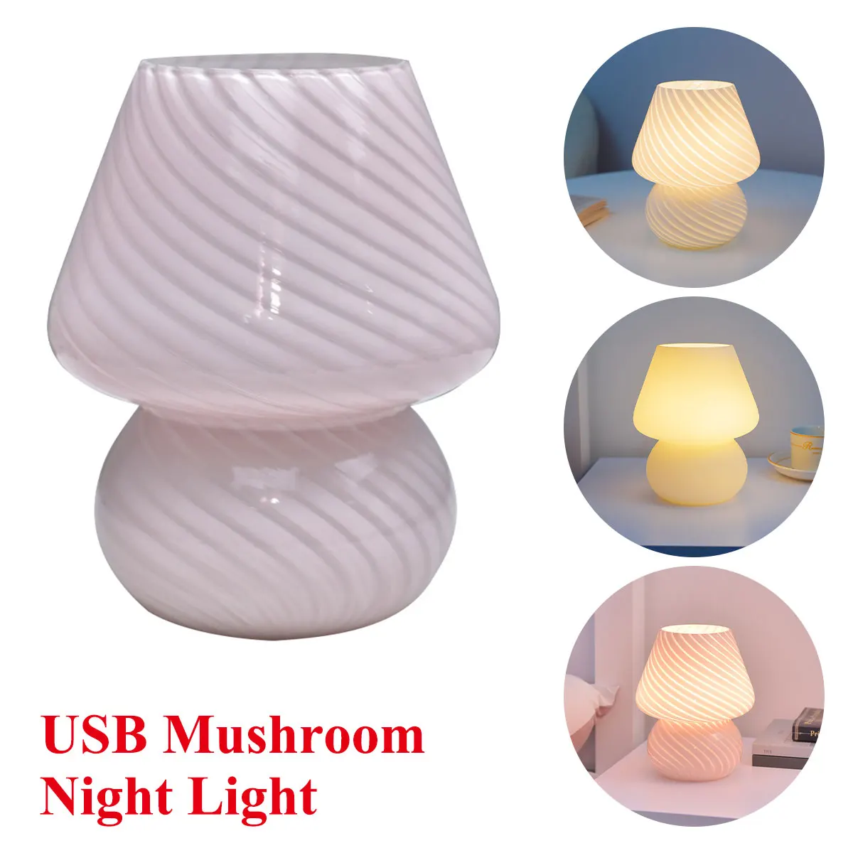 Mushroom LED Bedside Night Lamps Ins Style Striped Mushroom Lamp Murano Glass Desk Lamp Nightlight for Baby Bedroom Decoration