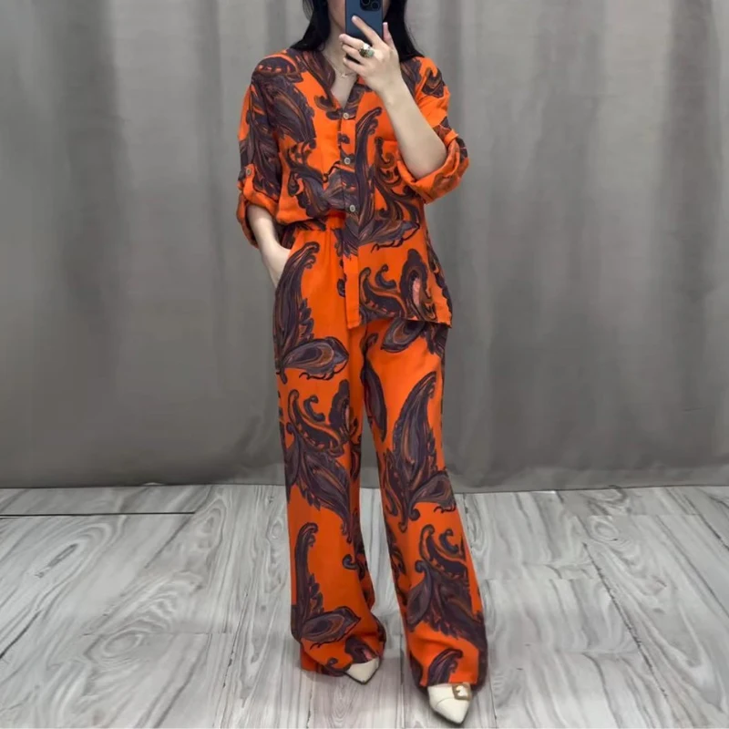 Forest Style Pattern Print Vintage Set Women Spring Adjusted Long Sleeve Shirt & Tie-up Pants Outfit New Summer Button 2pcs Suit