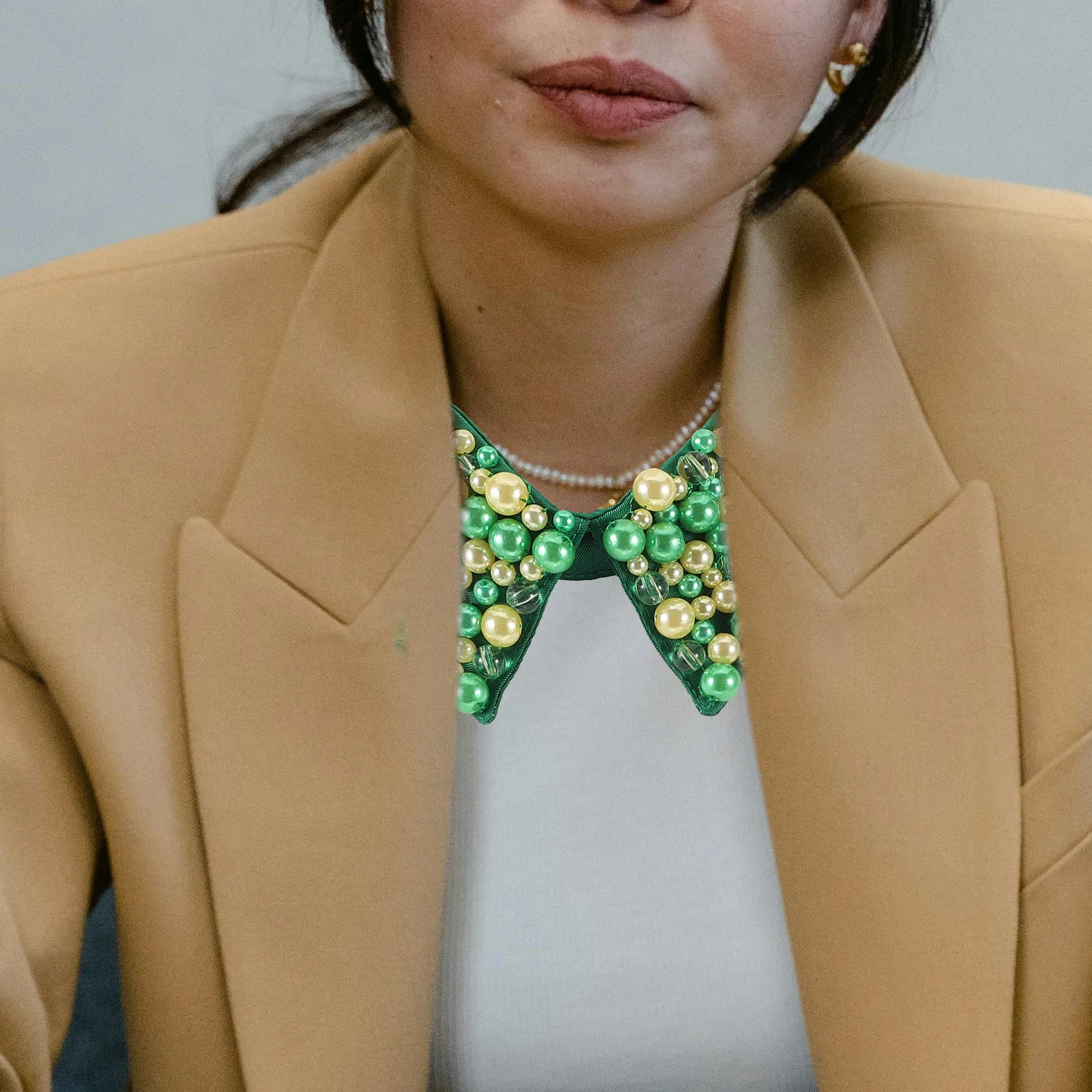 

Elegant Green Faux Collar Women Beaded Fake Detachable Dickey Adjustable Tied Neck Decorative For Fashion Parties Events Jeweled