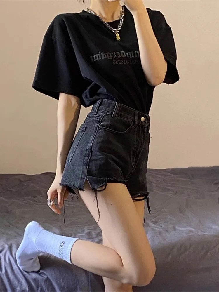 

Black High-Waist A-Line Denim Shorts Women's Summer Thin Wide Leg Loose Fit Slimming Hot Pants Thin Fabric plus Size Shorts