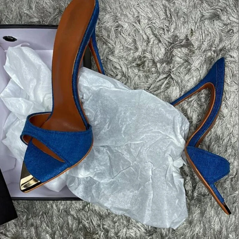 

Sexy Metal Decortion Pointed Toe Women Mule Shoes Blue Denim Black Snakeskin Leather Stiletto Heels Sandals Plus Size45