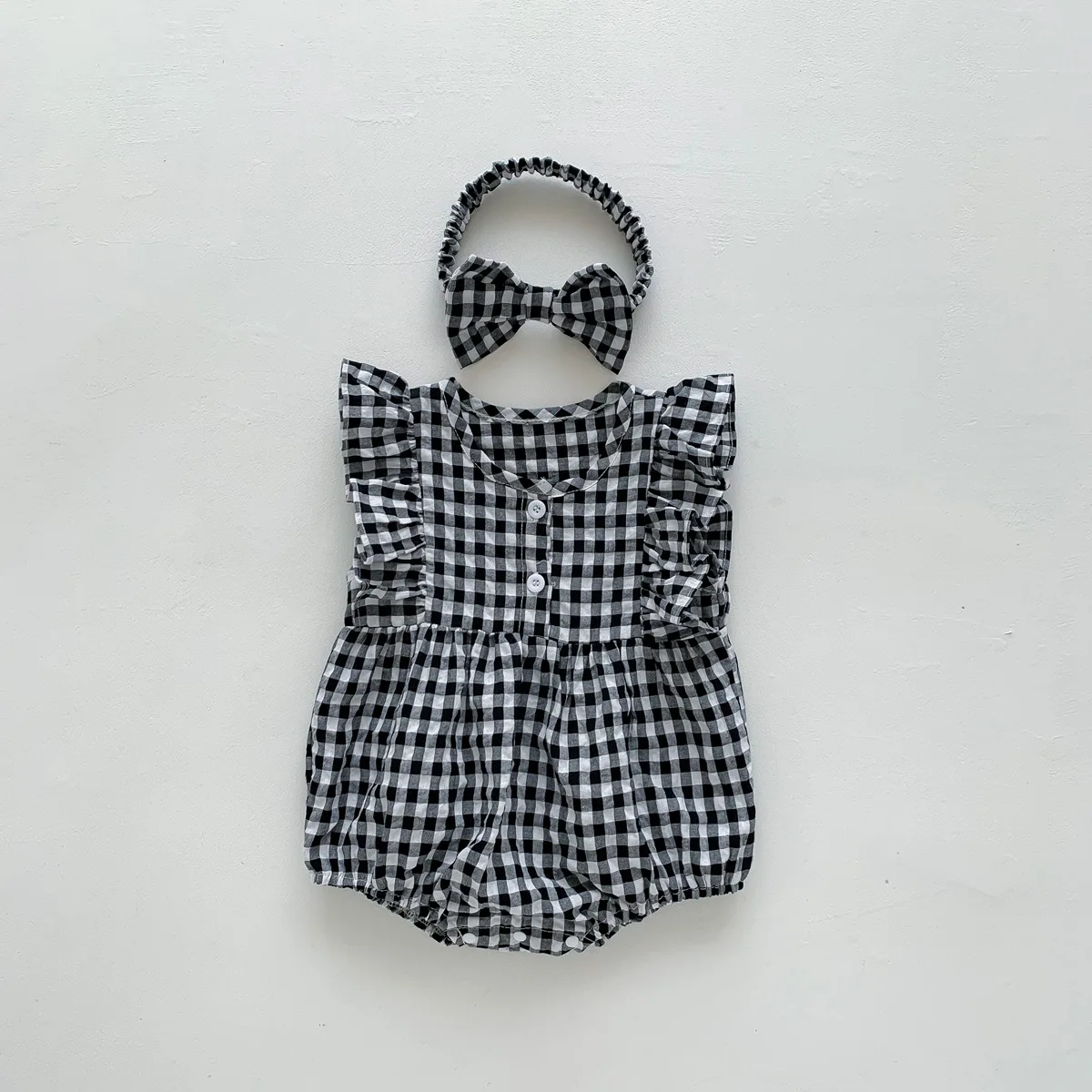 

Summer Infant Flying Sleeve Romper Girlss Korean Thin Contrast Plaid Bodysuit gift headbands Creeper Kids Baby Casual Clothing