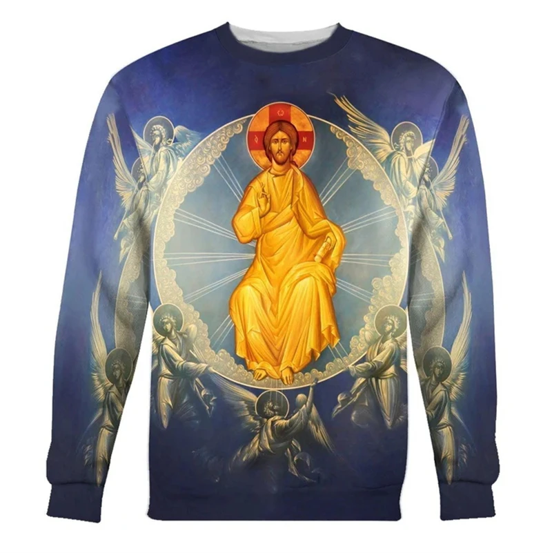 Vintage Men's Sweatshirt Tops Cross Jesus Graphic 3D Crewneck Hoodies Men's Christian Printed Unisex Casual Oversized Sweater