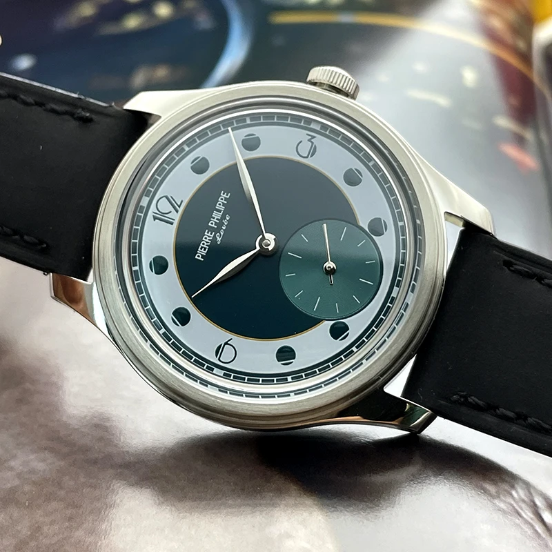 Jam Tangan Formal PIERRE PHILIPPE Baru 38Mm Jam Tangan Pilot Panah Retro Ultratipis Dial Merah Jam Tangan Angin Tangan Manual Mekanis Pria ST17