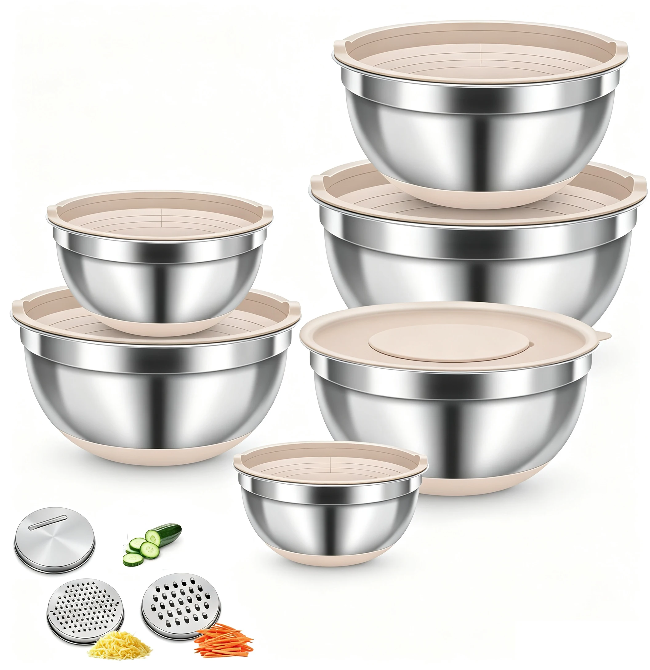 Rührschüssel-Set mit luftdichten Deckeln, 6-teiliges Edelstahl-Schüssel-Set in Khaki mit 3 Reibeaufsätzen, rutschfesten Bodenplatten & Küchenzubehör-Set, Größen 6,5L, 3L, 2,35L, 1,85L, 1,4L, 1L, ideal