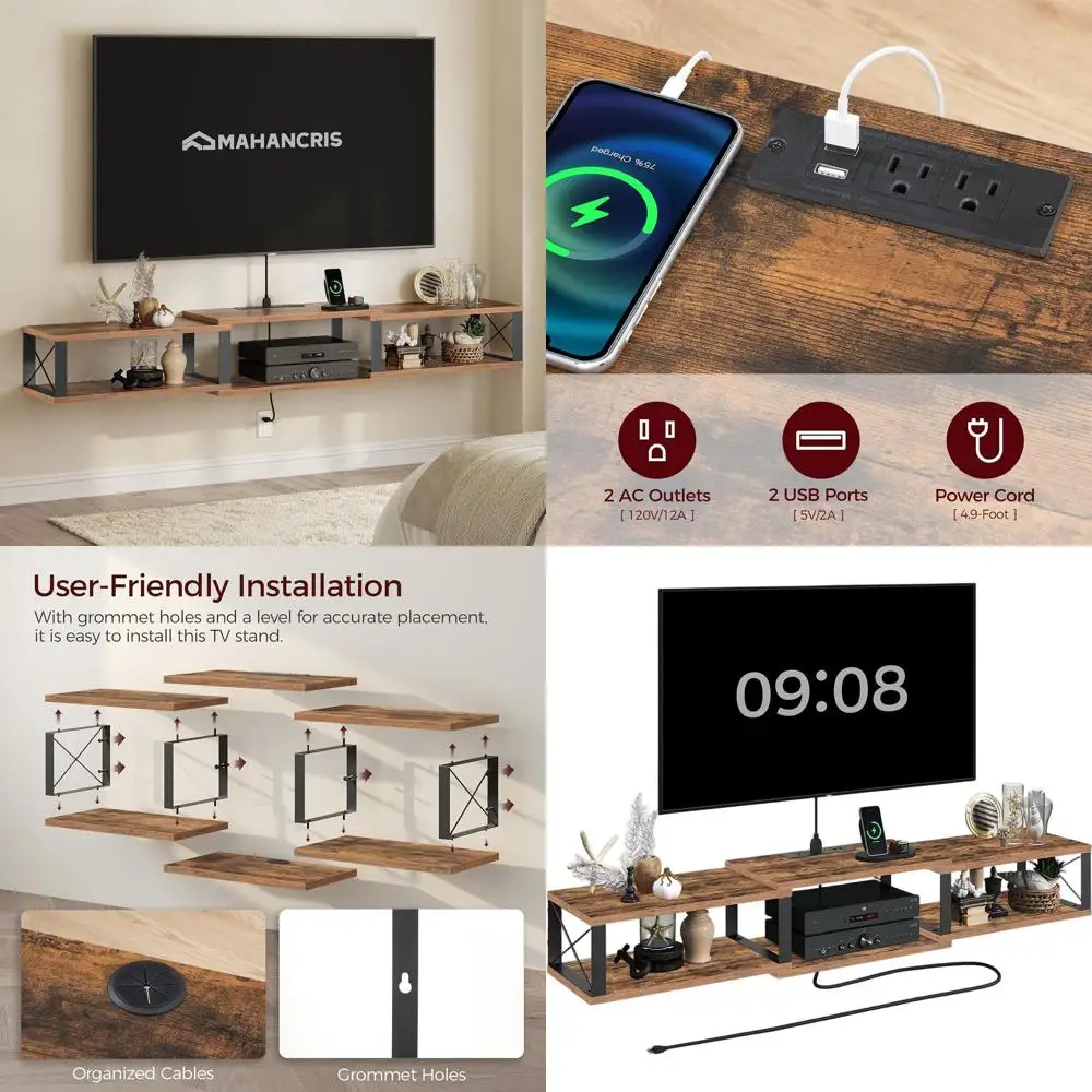 

Плавающая подставка для телевизора 68,5 дюйма с розеткой, настенный развлекательный центр для телевизора с диагональю 75 дюймов, плавающая полка для медиаконсоли для U