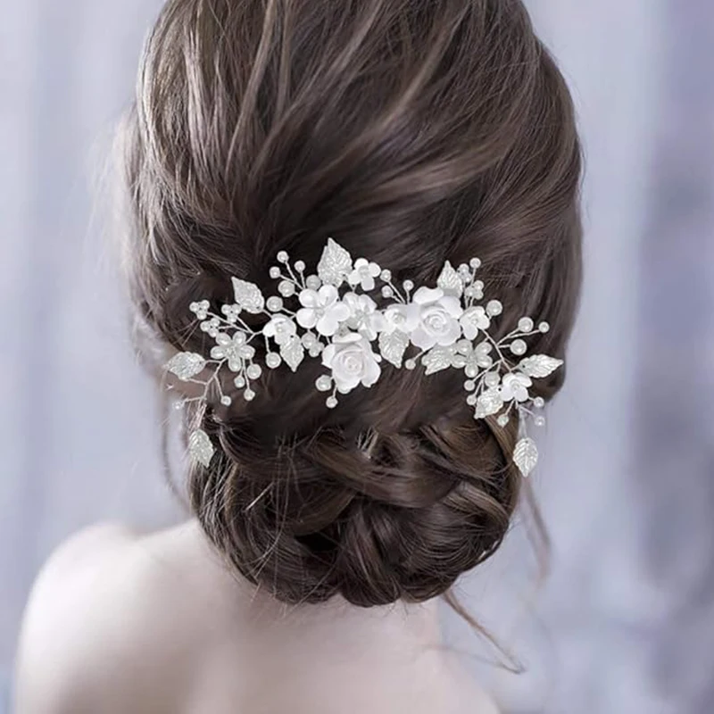 Flower Bride Wedding Hair Rattan Pearl Hair Leaf Hair Accessories Rhinestone Headband for Women and Girls (9 ")(Silver) image 3