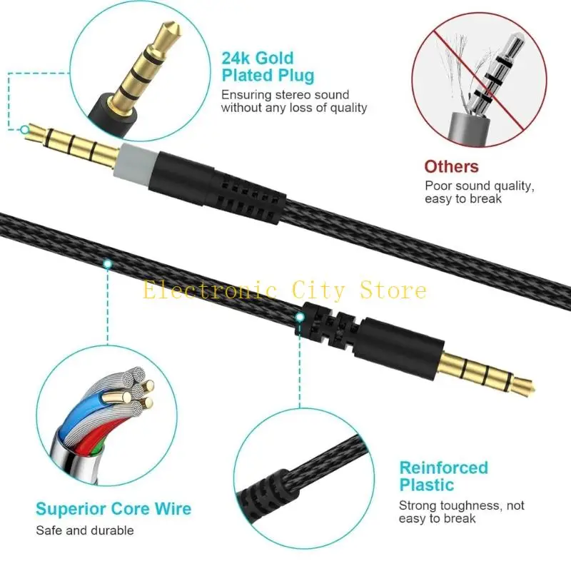 Durability Nylon Braiding Headphone Cable Inline Mic Control for CloudAlpha HU8D