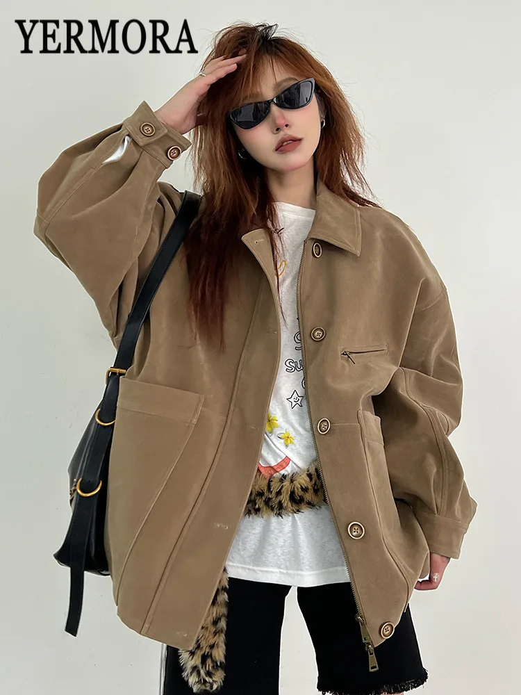 

YERMORA Khaki Suede Button Big Pocket Casual Jacket For Women Lapel Long Sleeve Loose New Coat Fashion Tide Spring Autumn 2025
