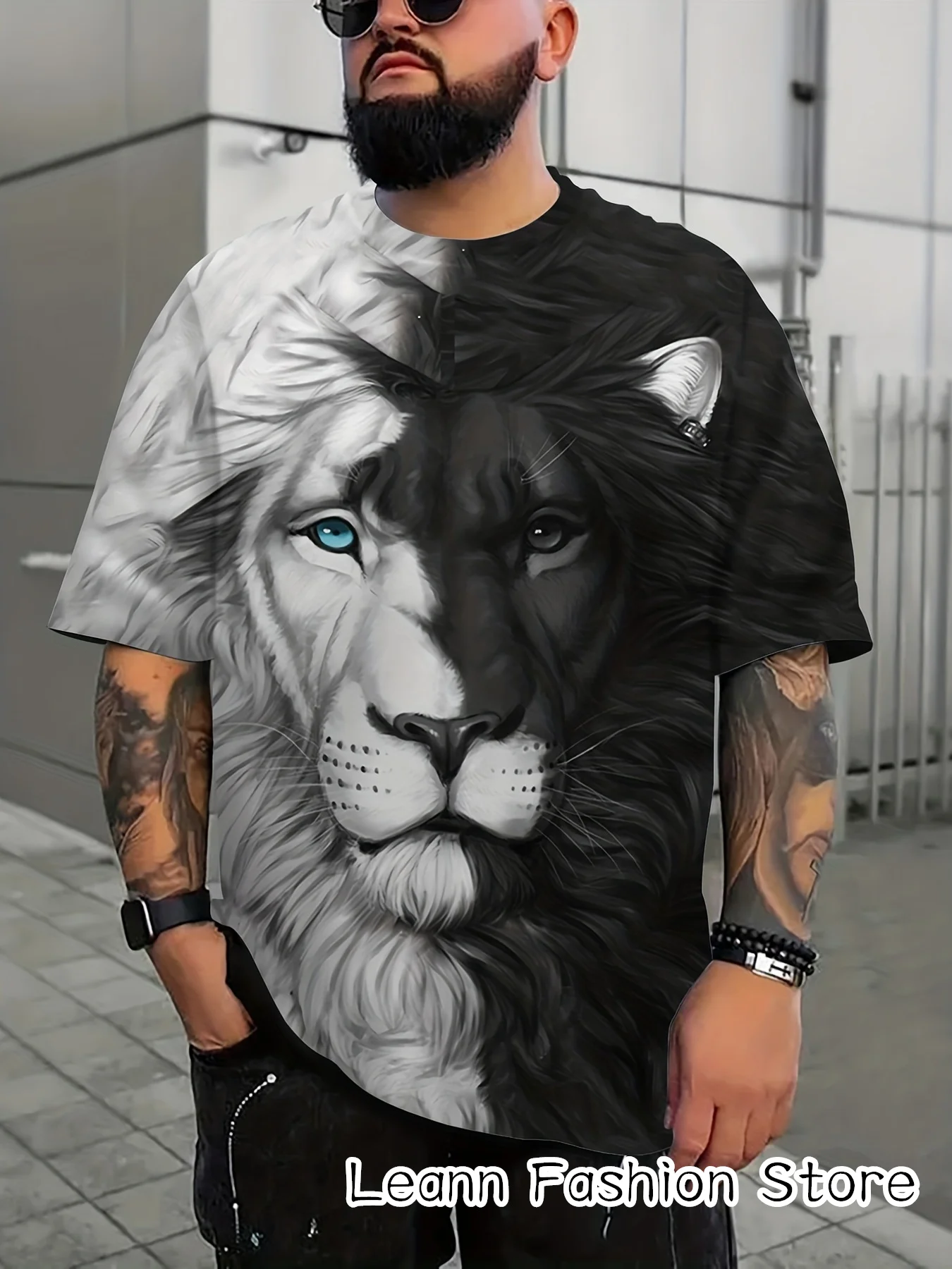 

Black White Lion Printing T-Shirt Summer Men Vintage Tops Tees 3D Animal Short Sleeve Clothing Male Casual Camiseta Streetwear