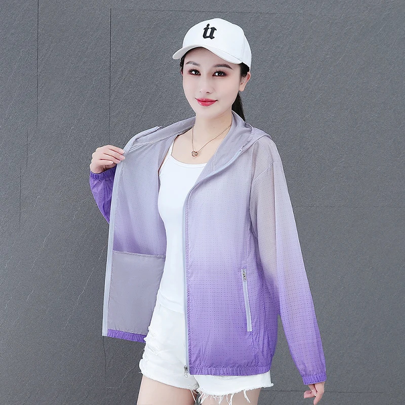 Nueva moda Casual deportes secado rápido seda hielo Color degradado ropa de protección solar mujer verano al aire libre abrigo resistente a los rayos UV