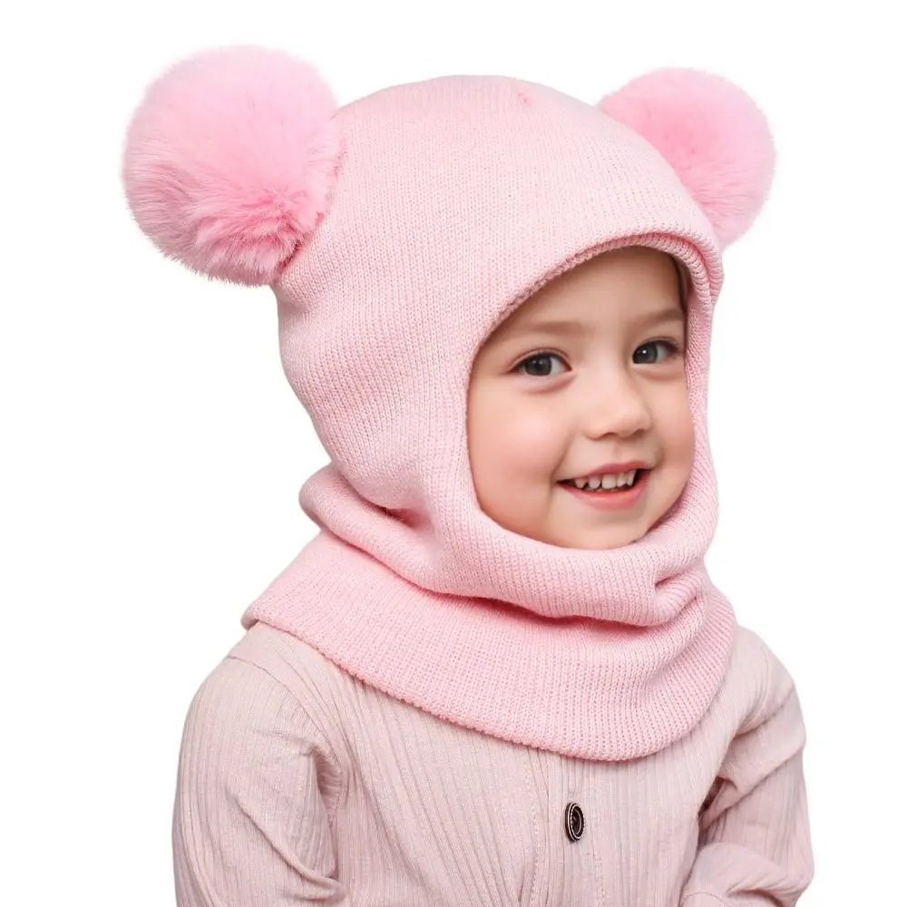 

New Cute Balaclava Hats Double Balls Ear Protection One-piece Hat Scarf Boys Girls Children Pompom Ball Wool Cap