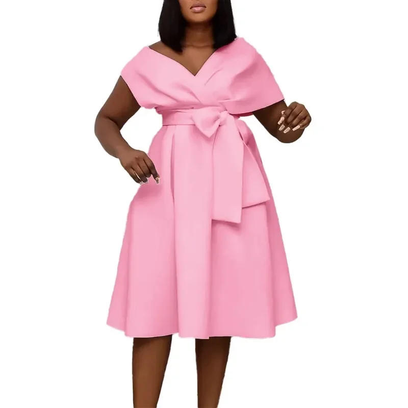 

2025 Solid V Neck Plus Size Dress Sexy Women Short Sleeve Large Big Bow Dresses Summer Lady Party Tight Curvy Dress
