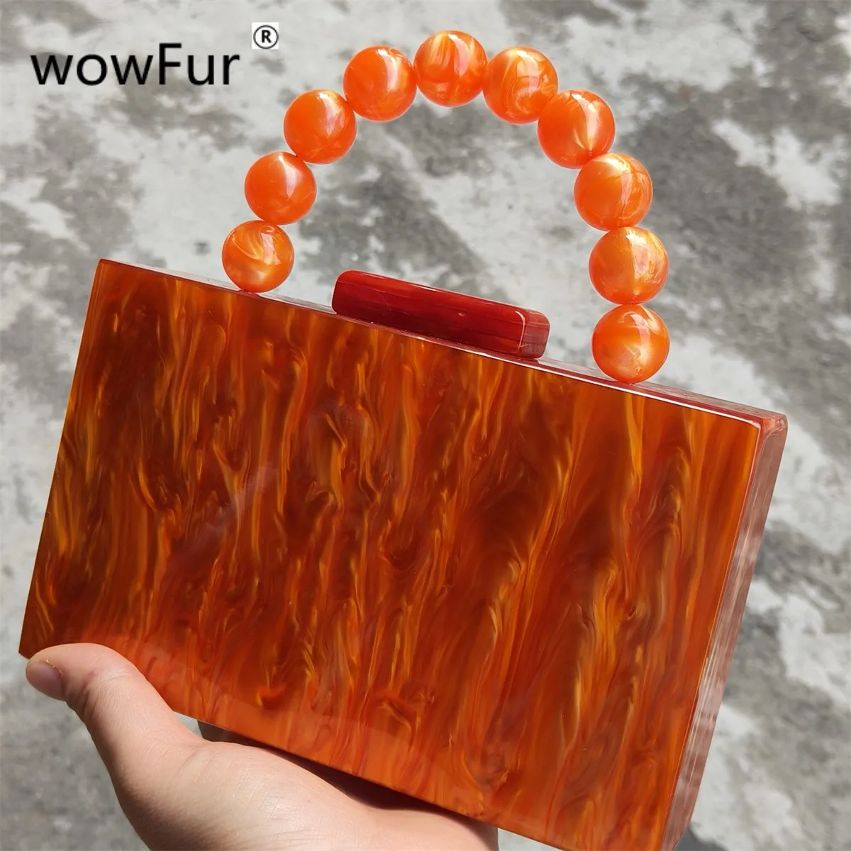 Bright Orange Marble Acrylic Box Evening Clutch Bags Women Chic And Elegant Resin Beaded Top Handle Mini Flap Purses And Handbag