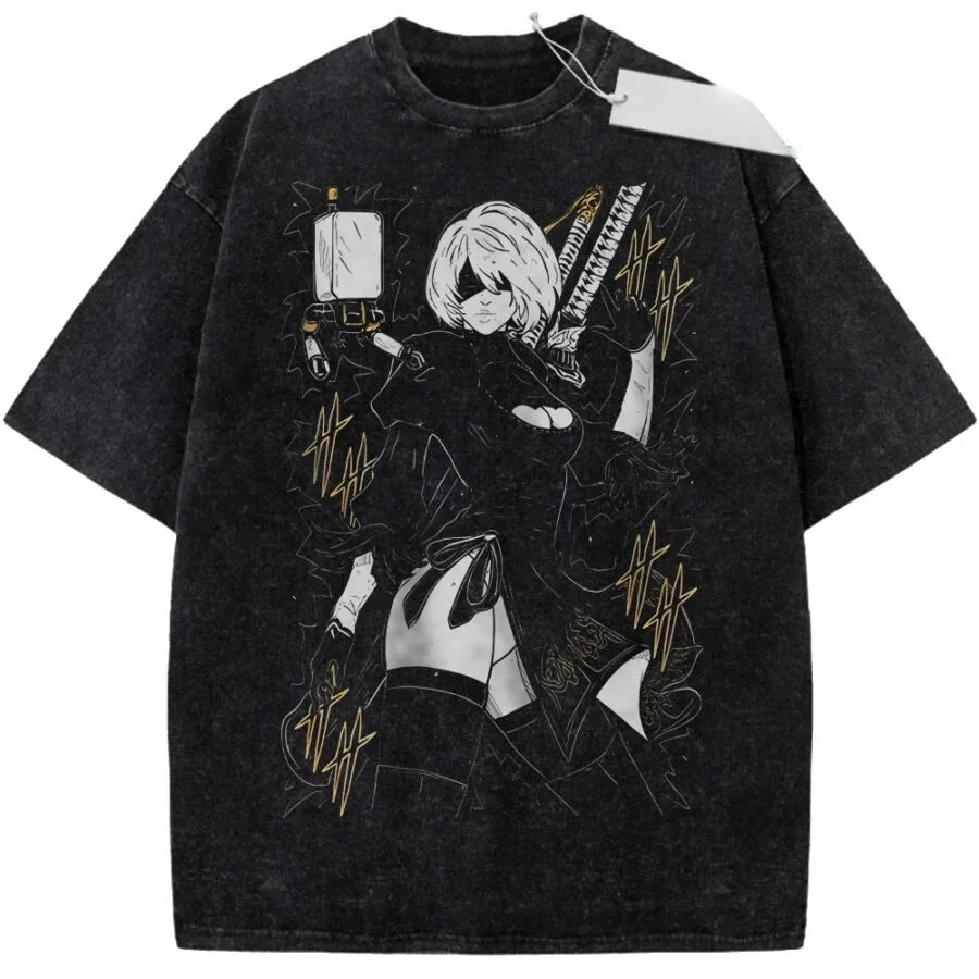 2026 Sommer NieR Automata 2B YoRHa Maid Anime Washed T-Shirt für Herren und Damen – Vintage Oversized Streetwear Harajuku Lässiges Baumwoll-T-Shirt – Detail 5