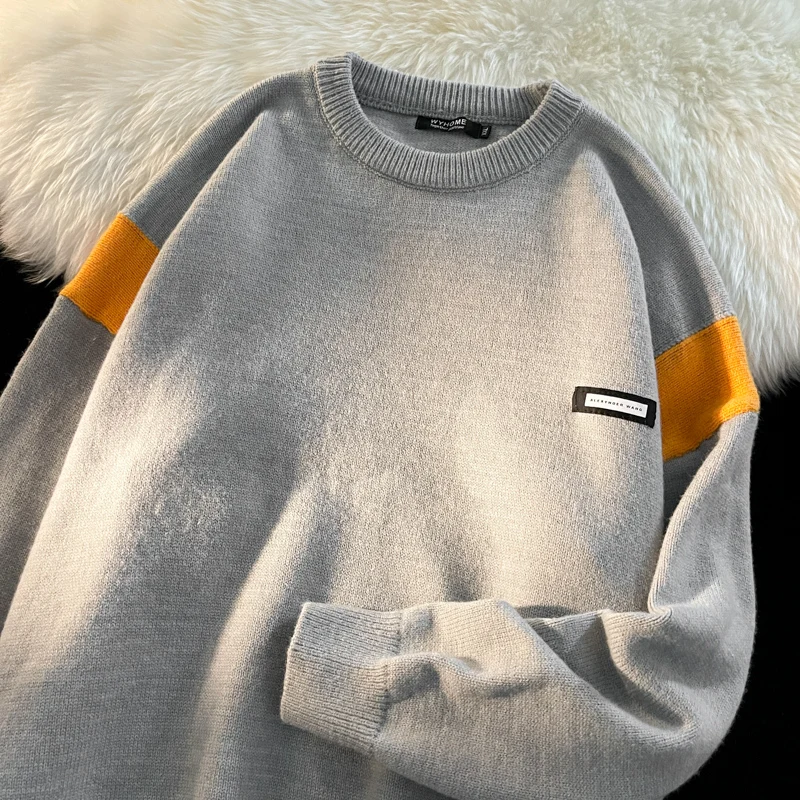 

Мужской вязаный свитер свободного кроя с длинными рукавами и круглым вырезом, в стиле колор-блок, повседневный, весенне-осенний, в американском ретро-стиле, удобный топ