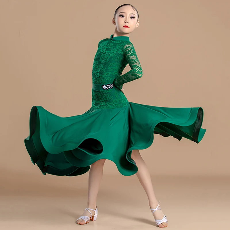 

Детская современная танцевальная одежда для девочек, детское кружевное боди с длинными рукавами и большая юбка, танцевальные костюмы национального стандарта