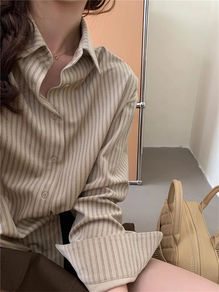 

Retro Academic Stripe Corduroy Base Layer irt Slimming Loose Long Sve Inner Wear irt Collar Button up Women's irt