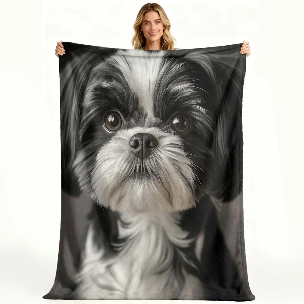 

1pc Black and White Shih Tzu Print Ultra Soft Flannel Throw Blanket for Pet Lovers Home Decor
