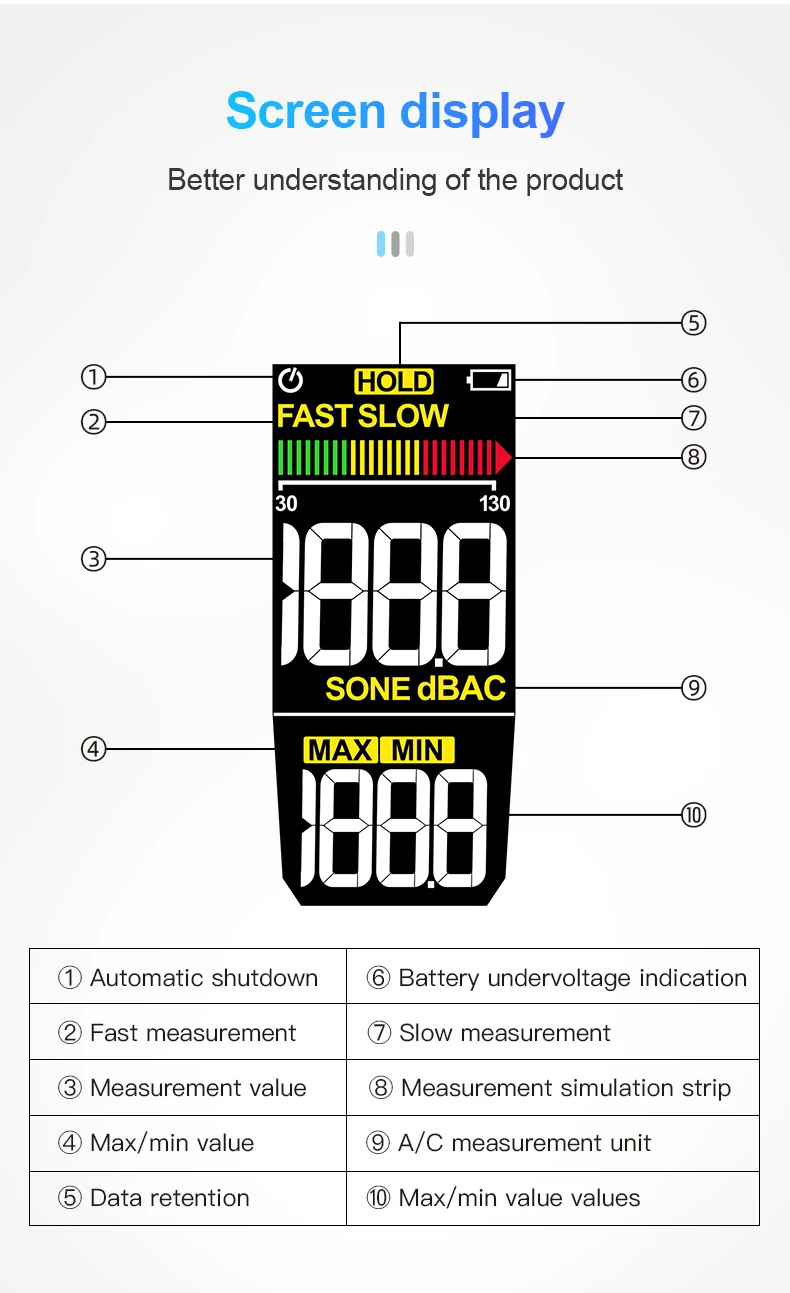 SL750B Digitales Schallpegelmessgerät 30–130 dB A/C gewichtetes professionelles Sonometer Lärmtester Lärm Dezibel-Messgerät – Detail 13