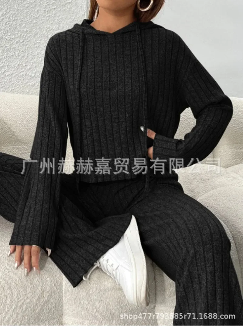 Autumn and Winter Leisure Knitted Long Sleeved Women\'s Set Foreign Trade Hooded Sweater Loose Pants Two Piece Set for Women