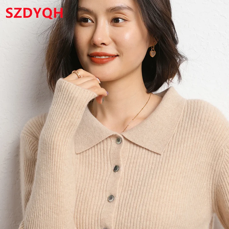 Hot Sale Autumn Winter Women 100% Cashmere Sweater Female Solid Knitted Cardigans New Turn-down Collar Loose Jacket Women Tops