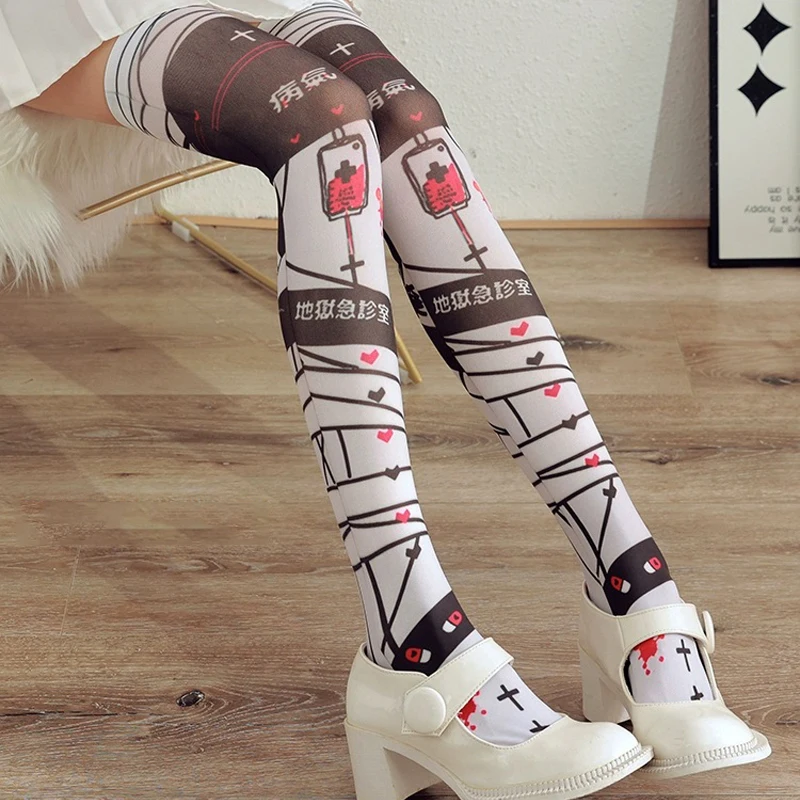 

Japanese Cartoon Lolita Sweet Velvet Printed Kawaii Stockings Women Cute Stockings White High Over Knee Socks Cosplay for Anime