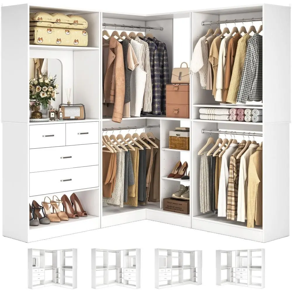 

86 Closet System, Large Corner Closets Organizer with Hanging Rods and Mirror Design, Freestanding Adjustable Wood Clothes Garm