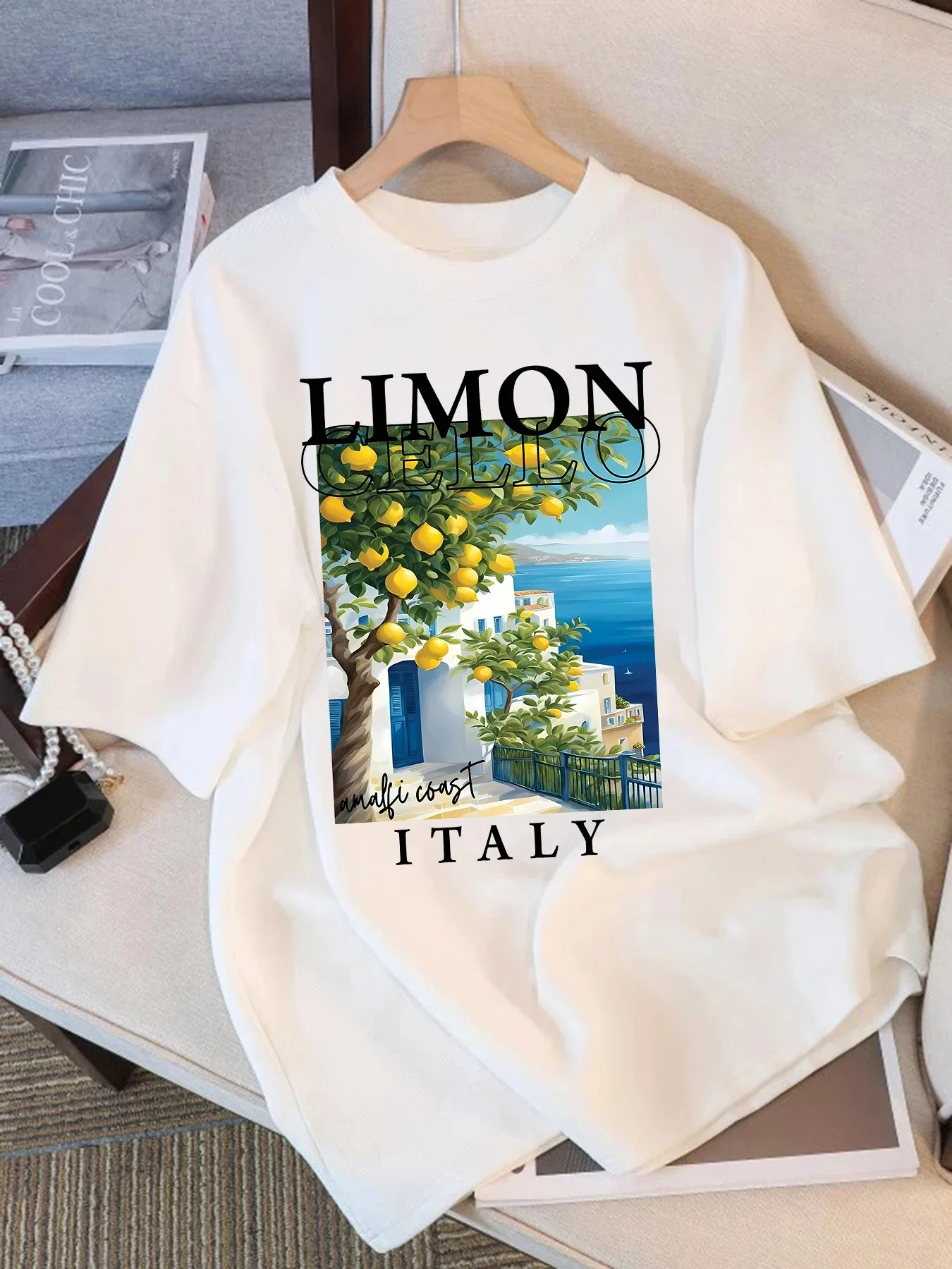 Camiseta Limoncello con gráfico de la costa de Amalfi, Italia, estilo veraniego italiano, ropa informal de manga corta, Top de moda para hombres y mujeres