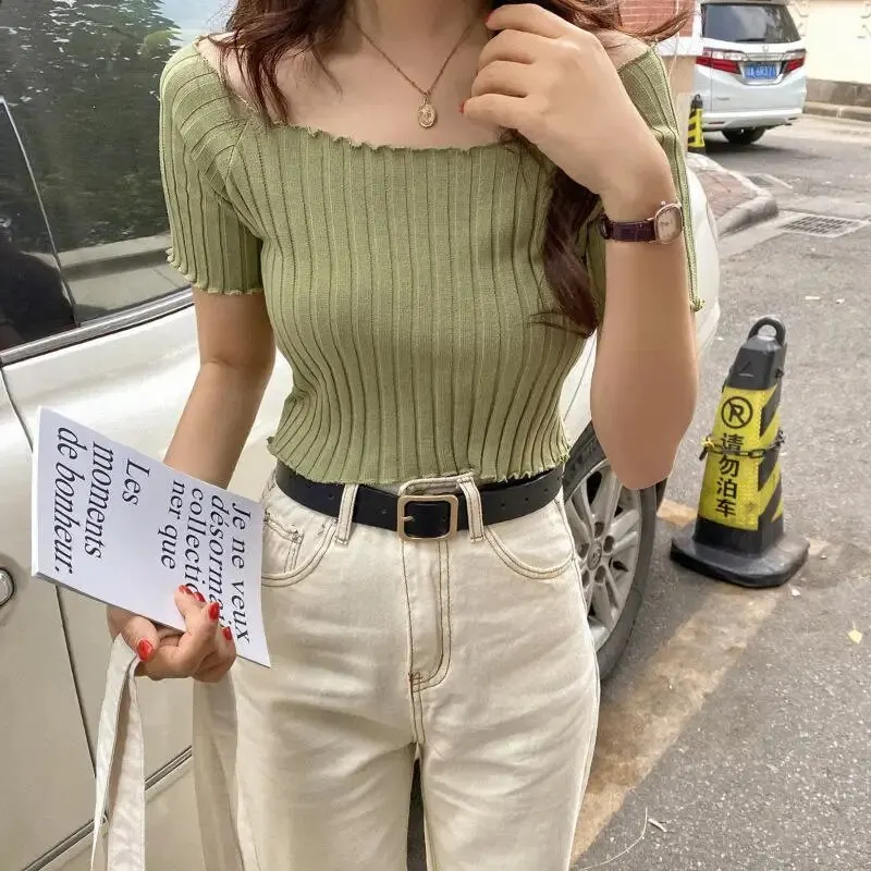 1Pc Zomer Korea Design Sexy Stijl Off Shoulder Shirt Mode Effen Kleurendruk Dames Causale Top