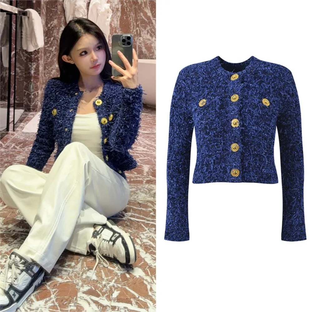 Small Fragrant Style Knitted Cardigan, Blue Short Style Coat, Slim Fit, Autumn and Winter Edition, Mingyuan, 2025