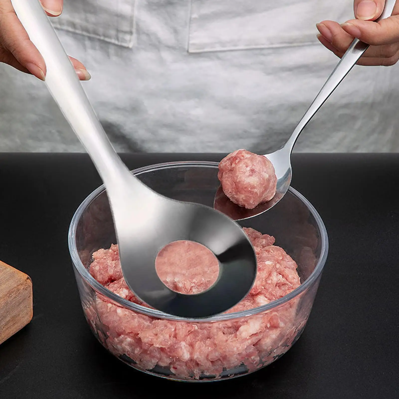304 Stainless Steel Croquettes Meatball Spoon Mold Non-stick with Round Hole Meatball Maker Spoon Hangable Meat Press Tool