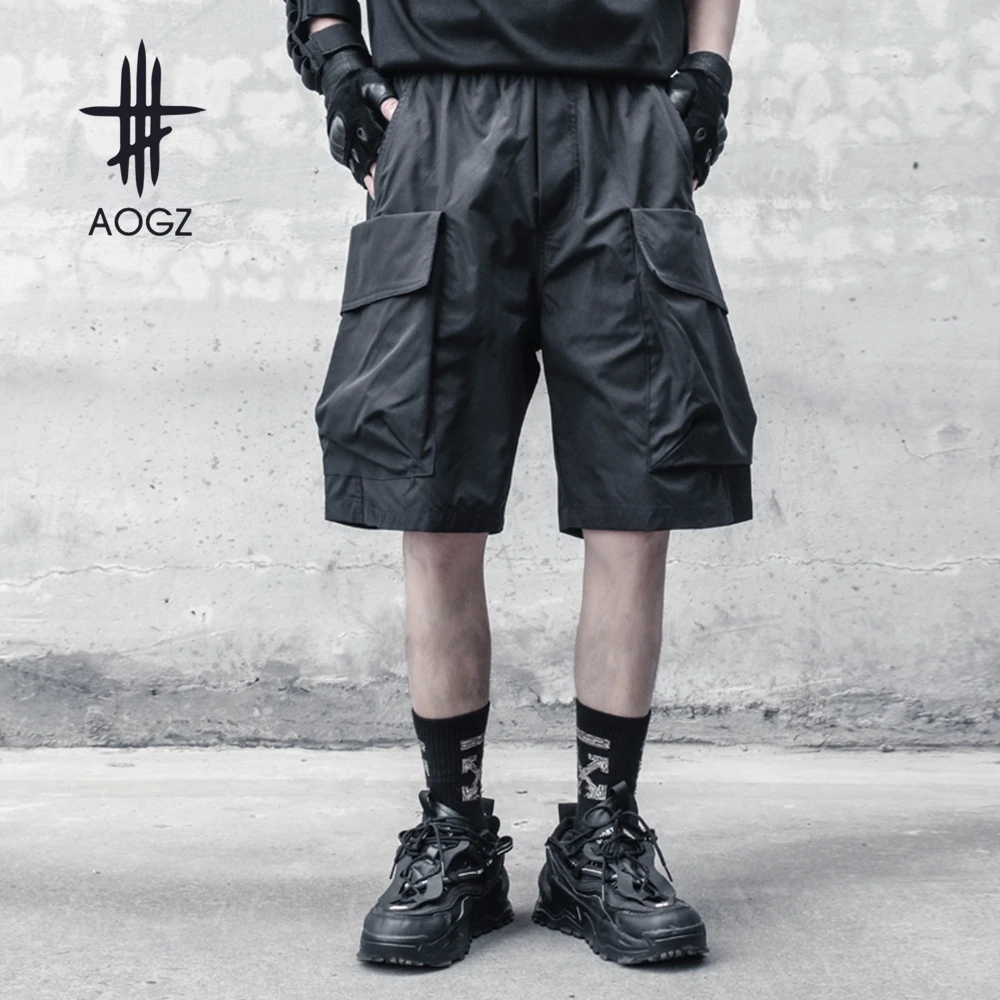 

AOGZ Hip Hop Big Pockets Elastic Waist Knee Length Pants Cargo Shorts Men Summer Outfit Harajuku Loose Oversized Casual Shorts