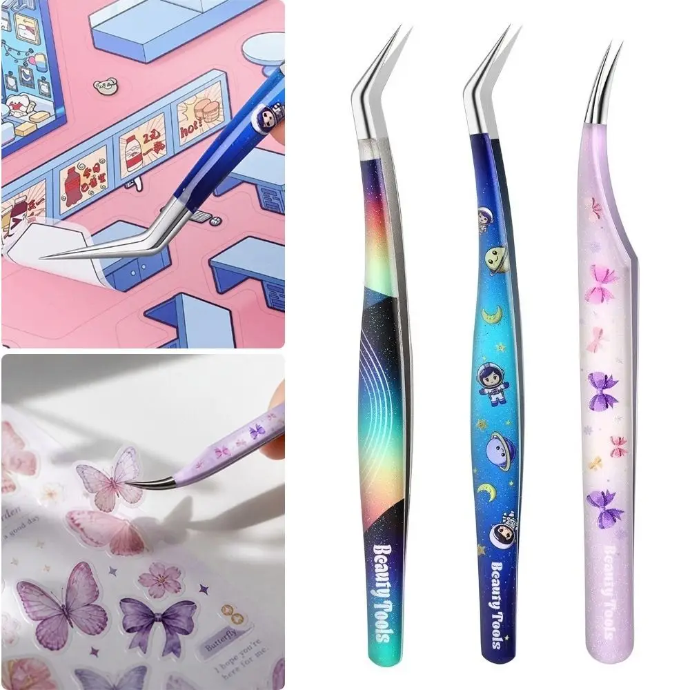 Stainless Steel Precision Craft Tweezers Anti-static Cartoon Sticker Pickup Tool Non Slip Grip High Precision