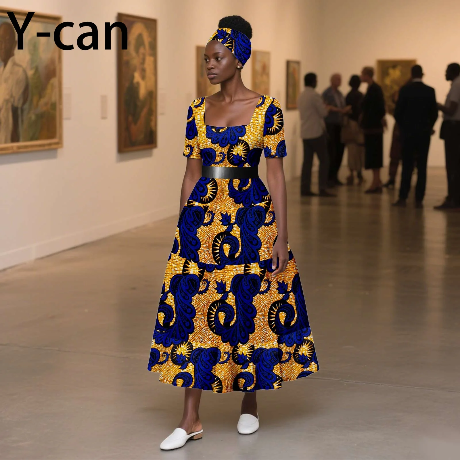 Ankara Fashion Square Collar Short Sleeve Dashiki Print Dress with Headwrap Elegant Lady Dresses African Style 2525102 - view 6