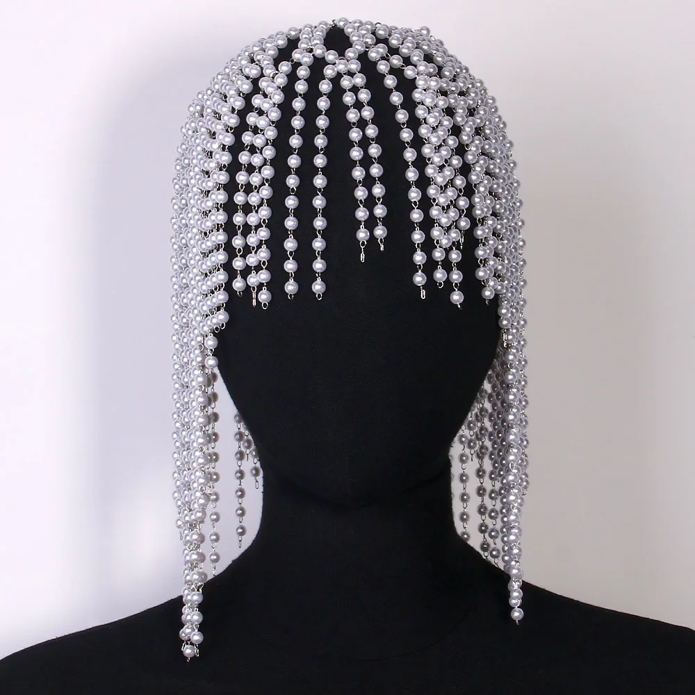 Exotic Lady Pearl Tassel Forehead Headpiece Indian Hair Accessories Charming Hat Long Bridal Head Chain Headband Wedding Jewelry