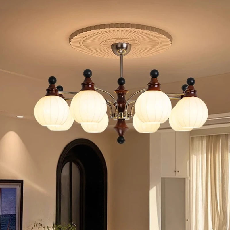 

French Vintage Solid Wood Chandeliers Led White Glass Lampshade Bedroom Restaurant Study Bar Living Room Ceiling Pendant Lights