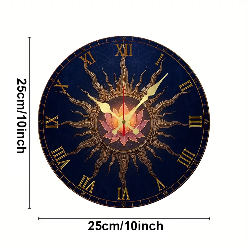 Lotus & Sun Celestial Wooden Round Silent Hanging Wall Clock,Suitable For Living Room,Office,Study Room,Bedroom,Home Decoration.