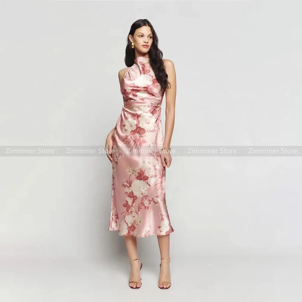 

High Quality Temperament Pink Printed Swing Neck Cross Backless Sexy Silk Long Dresses