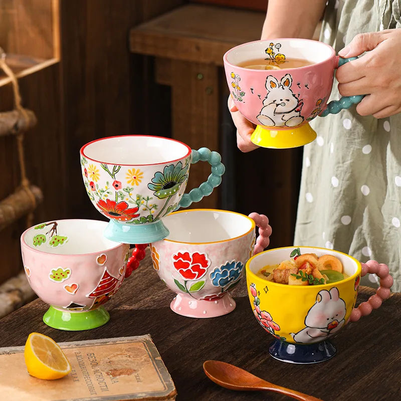 

Handle Coffee Cup, Cute Rabbit Flower Pattern, Hand-Painted Ceramic Mug Cup, Colorful Gift set,