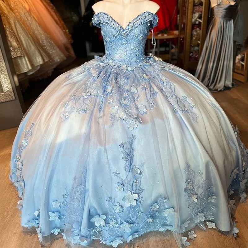 

Glittering Sky Blue Off-Shoulder Quinceanera Dresses Beading 3DFlower Appliqué Vestidos De 15 Anos Birthday Party Ball Gown