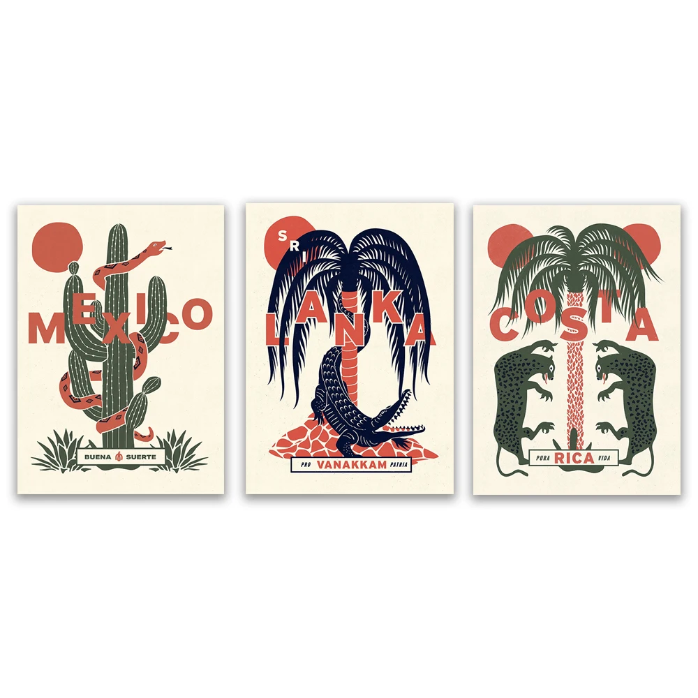 Costa Rica, Mexico, Sri Lanka travel poster, art print decorative print, folk art
