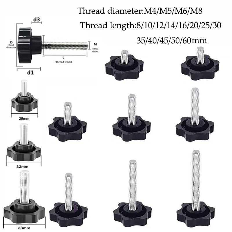 5-10pcs Hex Star Knob Male Thread Clamp Knob Screws M4/M5/M6/M8/M10 Hand Tighten Release Screws Head Diameter 25mm 32mm 38mm