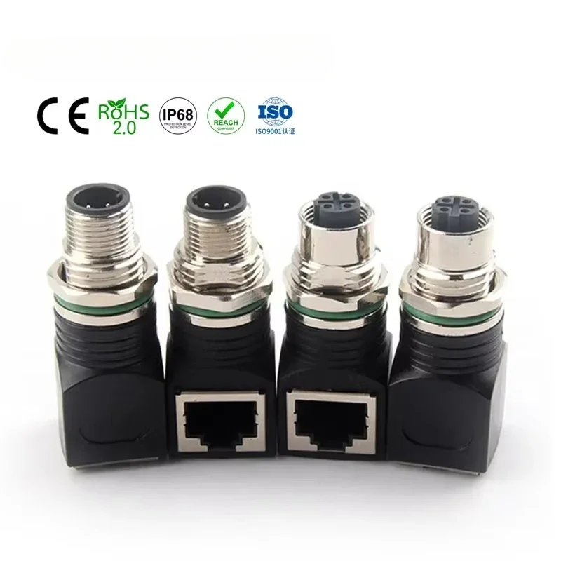 M12 to RJ45 Female Plug D-type 4Pin Adapter Waterproof IP67 Ethernet M12 D-code Male/Female to RJ45 Sensor Connector Industrial