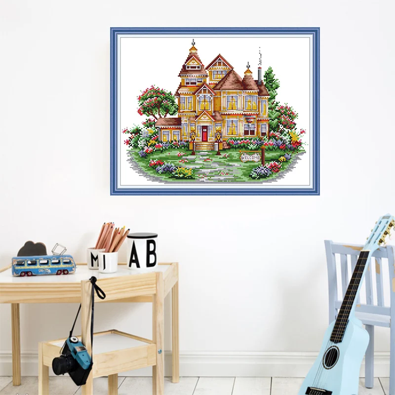 Joy Sunday 11/14CT Embroidery Painting Garden Villa Landscapes Cross Stitch Kits DMC Printed Canvas DIY Handmade Home Decoration